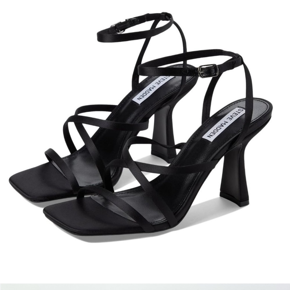 Steve Madden Brendi Black Satin Strappy Square Toe Dress Sandals Heels Shoes 10